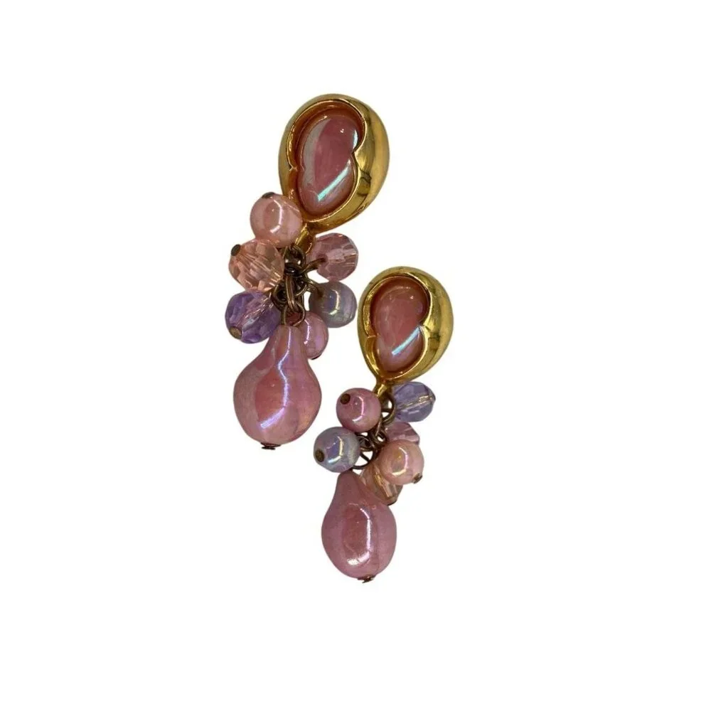 Vintage Gold-Tone & AB‎ Pink Dangle Earrings With Beaded Clusters
